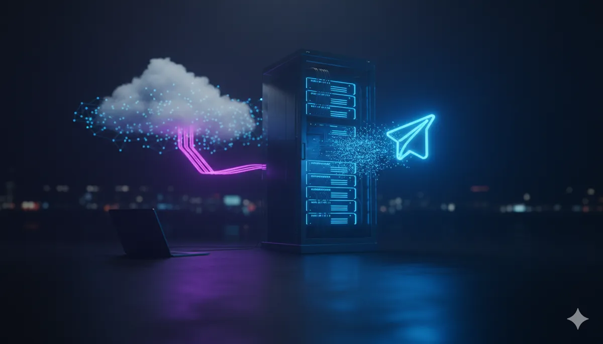 Avión de papel digital neón despegando de un servidor hacia la nube