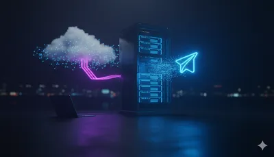 Avión de papel digital neón despegando de un servidor hacia la nube