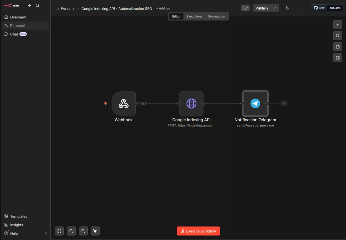 Flujo de n8n conectando GitHub con la Google Indexing API