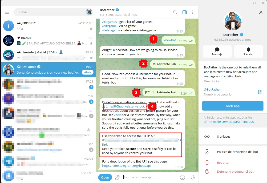 Conversación en Telegram con BotFather recibiendo el Token de acceso