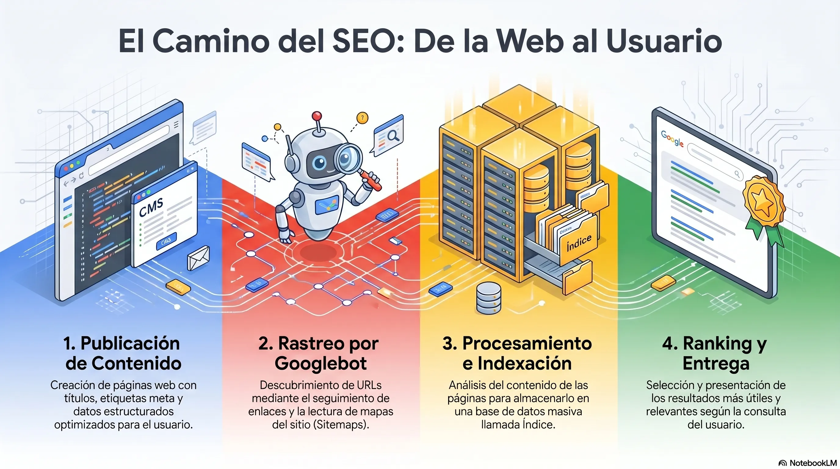 Diagrama del proceso SEO: Publicar contenido, Rastreo, Indexación y Ranking final