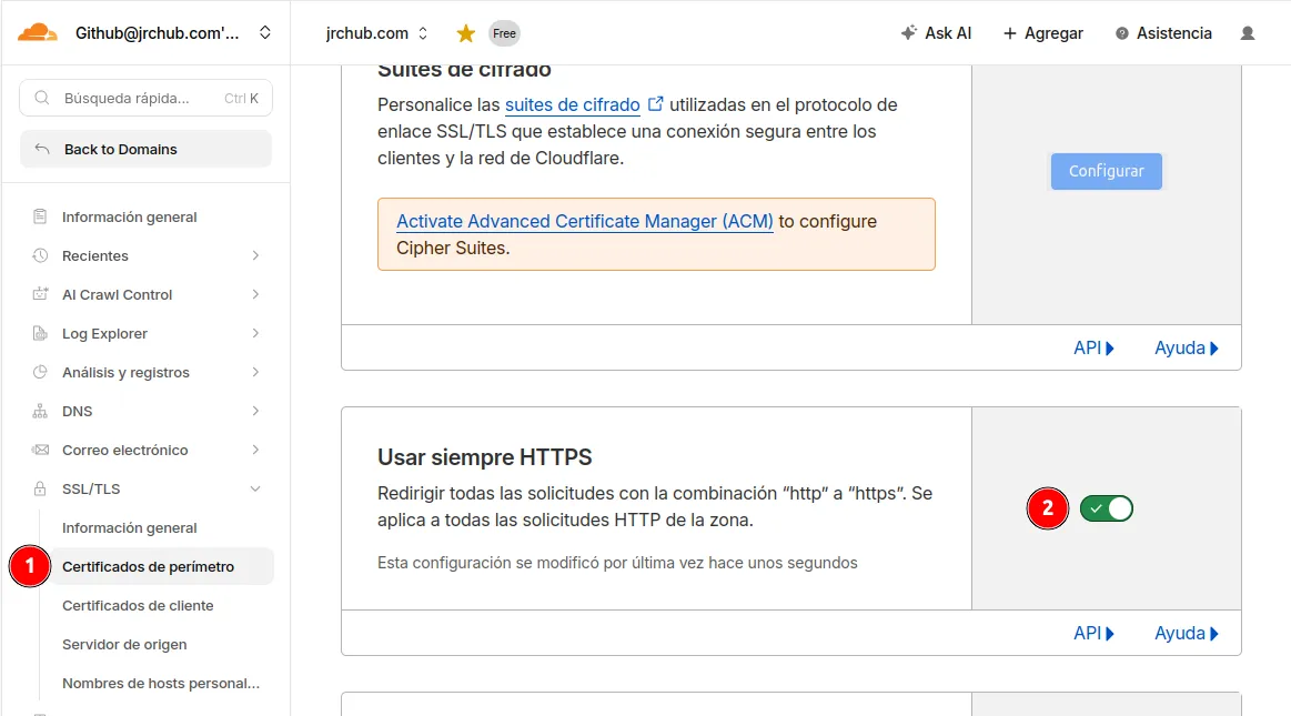 Interruptor de 'Usar siempre HTTPS' activado en el panel