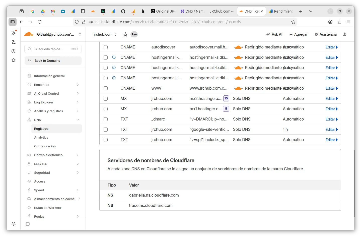 Pantalla de Cloudflare mostrando los nuevos nameservers