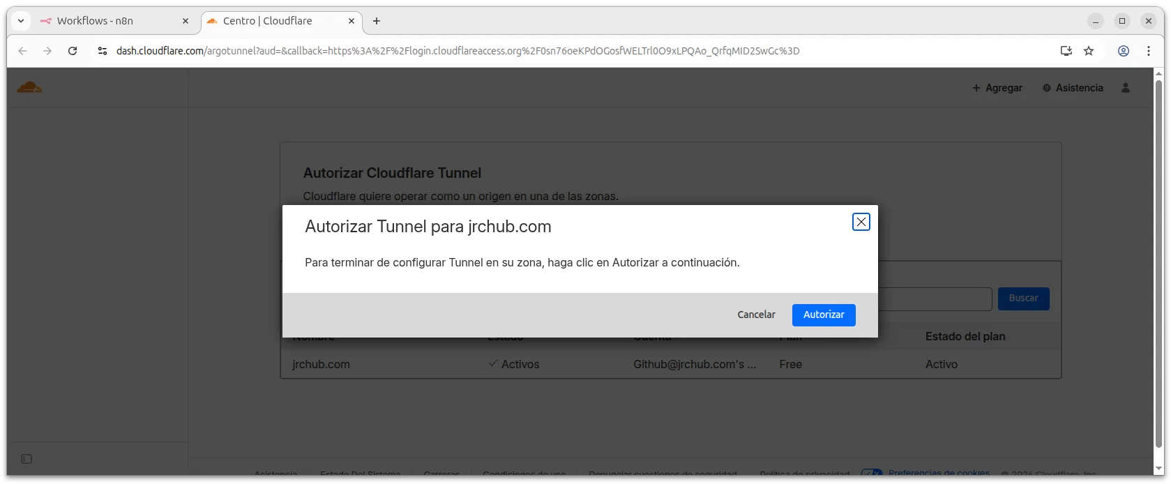 Terminal de Linux autorizando el túnel con Cloudflare
