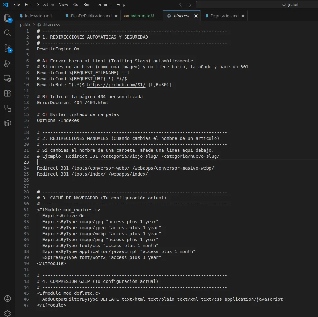 Código completo del archivo .htaccess para Astro en el editor VS Code, con reglas para trailing slash, 404 y redirección 301