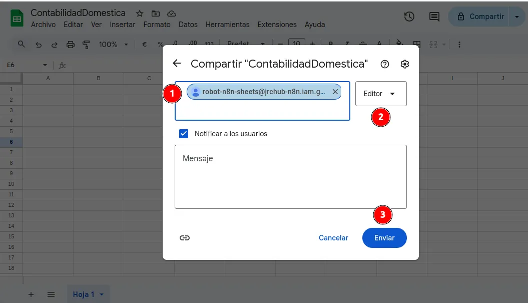 Pantalla de Google Sheets compartiendo el acceso con el correo de la cuenta de servicio