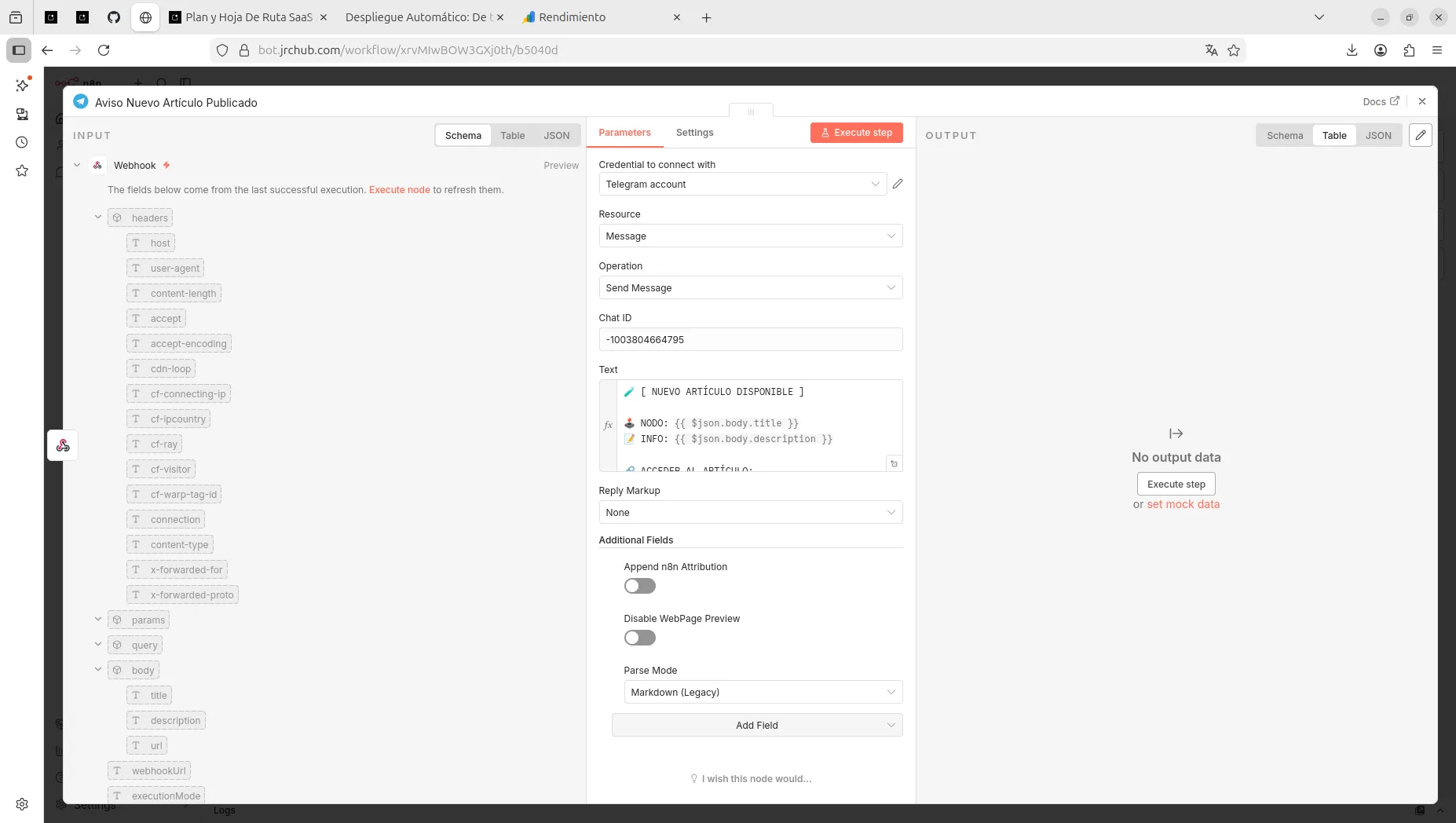 Cómo arrastrar los datos del Webhook al mensaje de Telegram