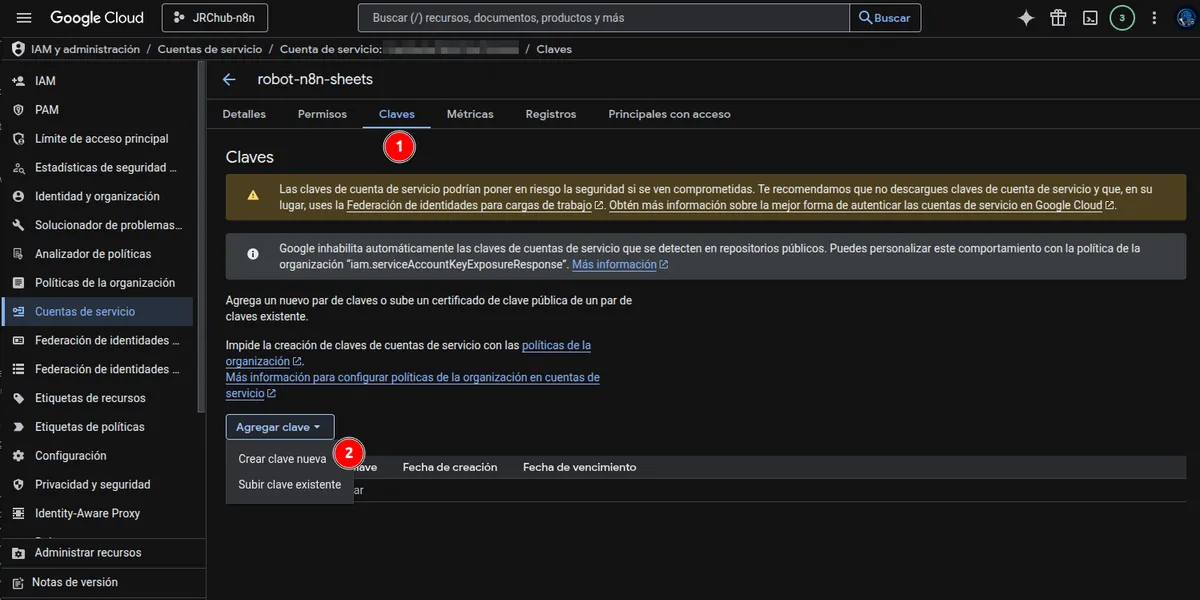 Añadir una nueva clave de tipo JSON a la cuenta de servicio.