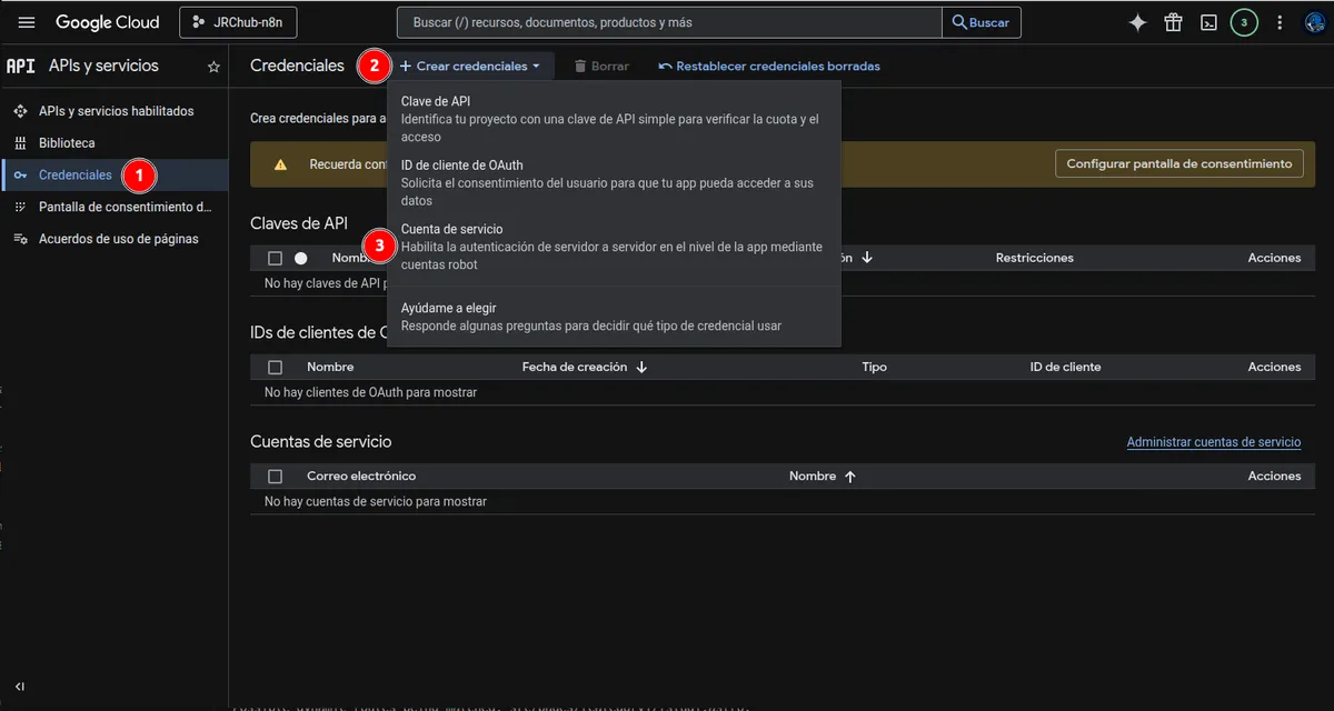 Navegar a la sección de Credenciales en Google Cloud Console.