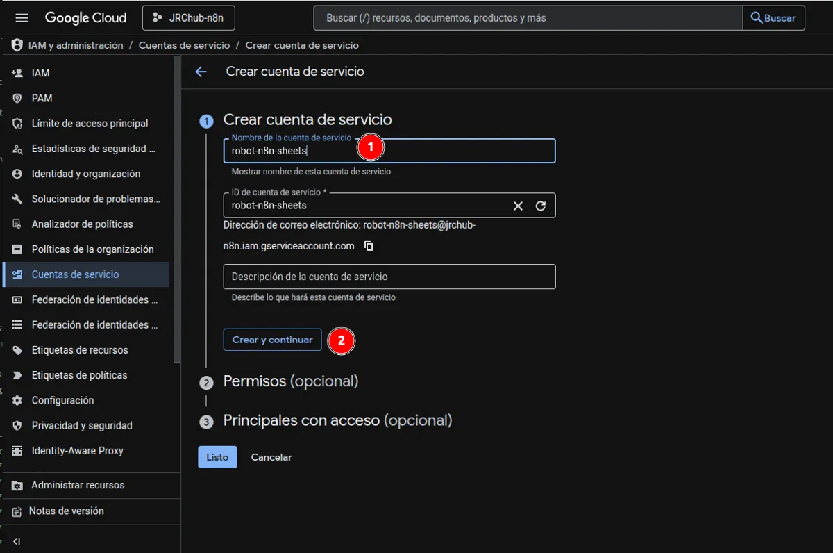 Crear una nueva credencial de tipo Cuenta de Servicio (Service Account).
