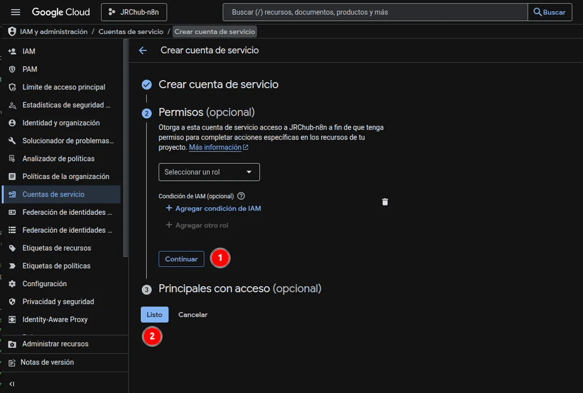 Configurar el nombre y la descripción de la nueva Cuenta de Servicio para n8n.