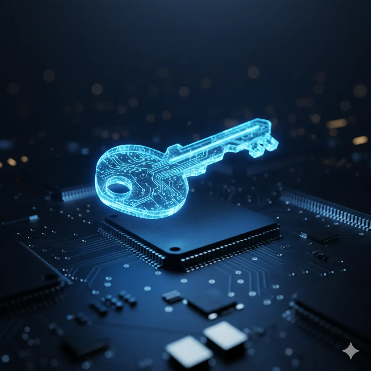 Representación digital de una llave de seguridad neón sobre un circuito impreso