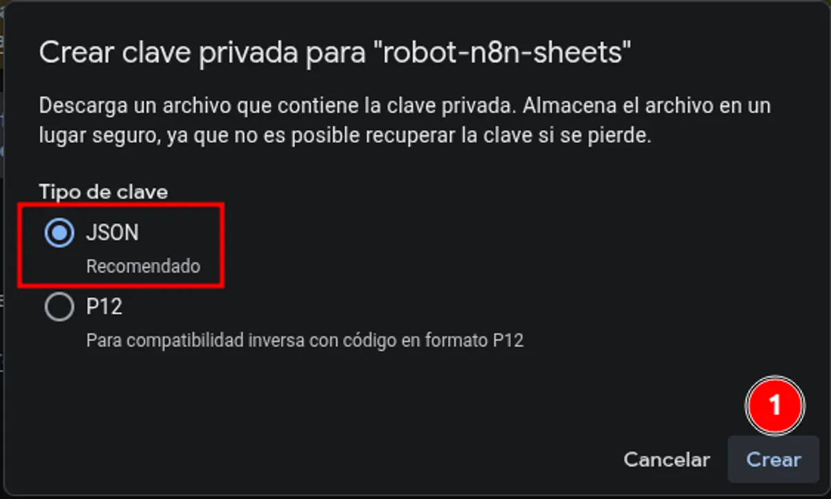 Confirmar la creación de la clave en formato JSON.