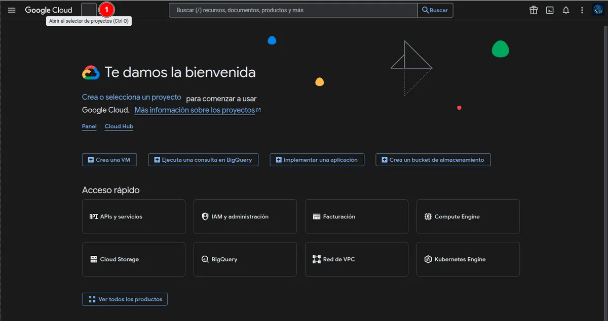 Crear un nuevo proyecto en Google Cloud Console: selector de proyectos.