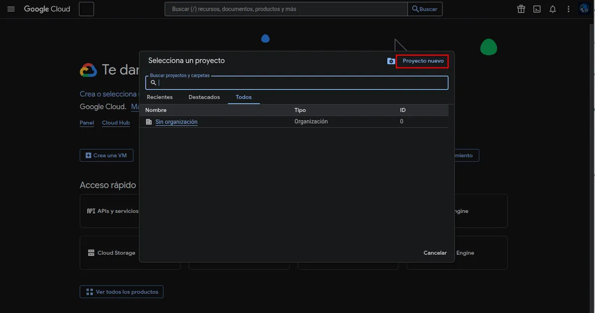 Botón para iniciar la creación de un nuevo proyecto en Google Cloud.