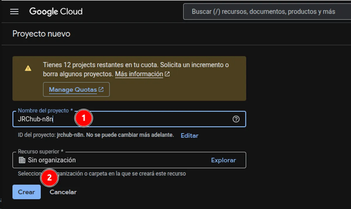 Asignar un nombre al nuevo proyecto para n8n en Google Cloud Console.