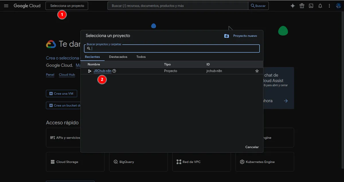 Seleccionar el proyecto recién creado desde el menú superior de Google Cloud.