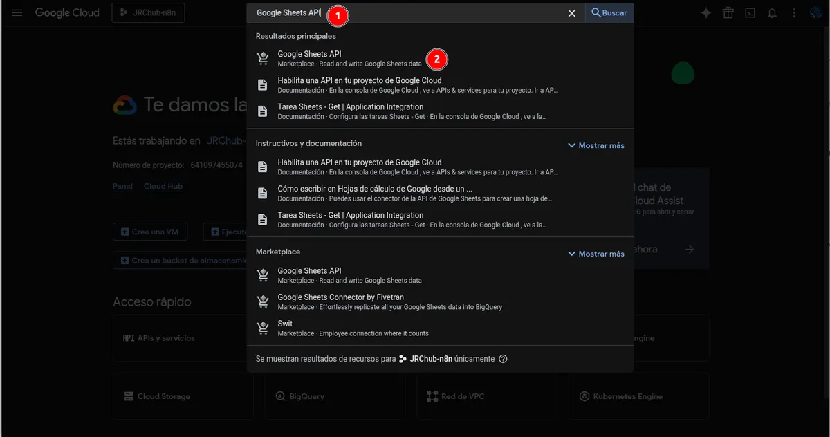Habilitar la API de Google Sheets para el proyecto de n8n.