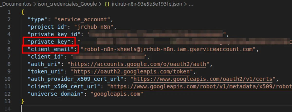 Contenido de ejemplo del archivo JSON de credenciales de Google Cloud.