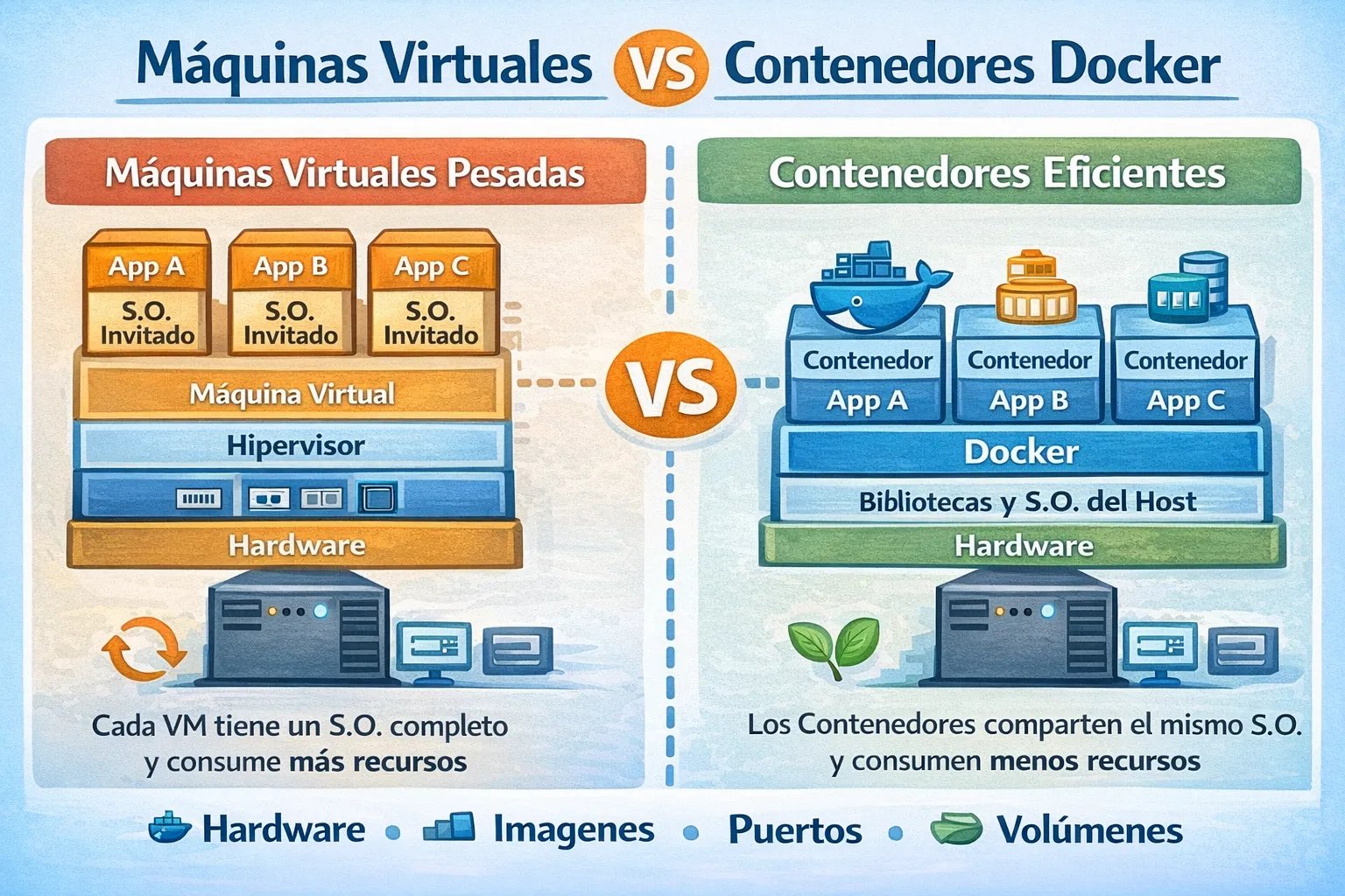 Esquema técnico comparando la arquitectura de Máquinas Virtuales pesadas frente a la eficiencia de los Contenedores Docker
