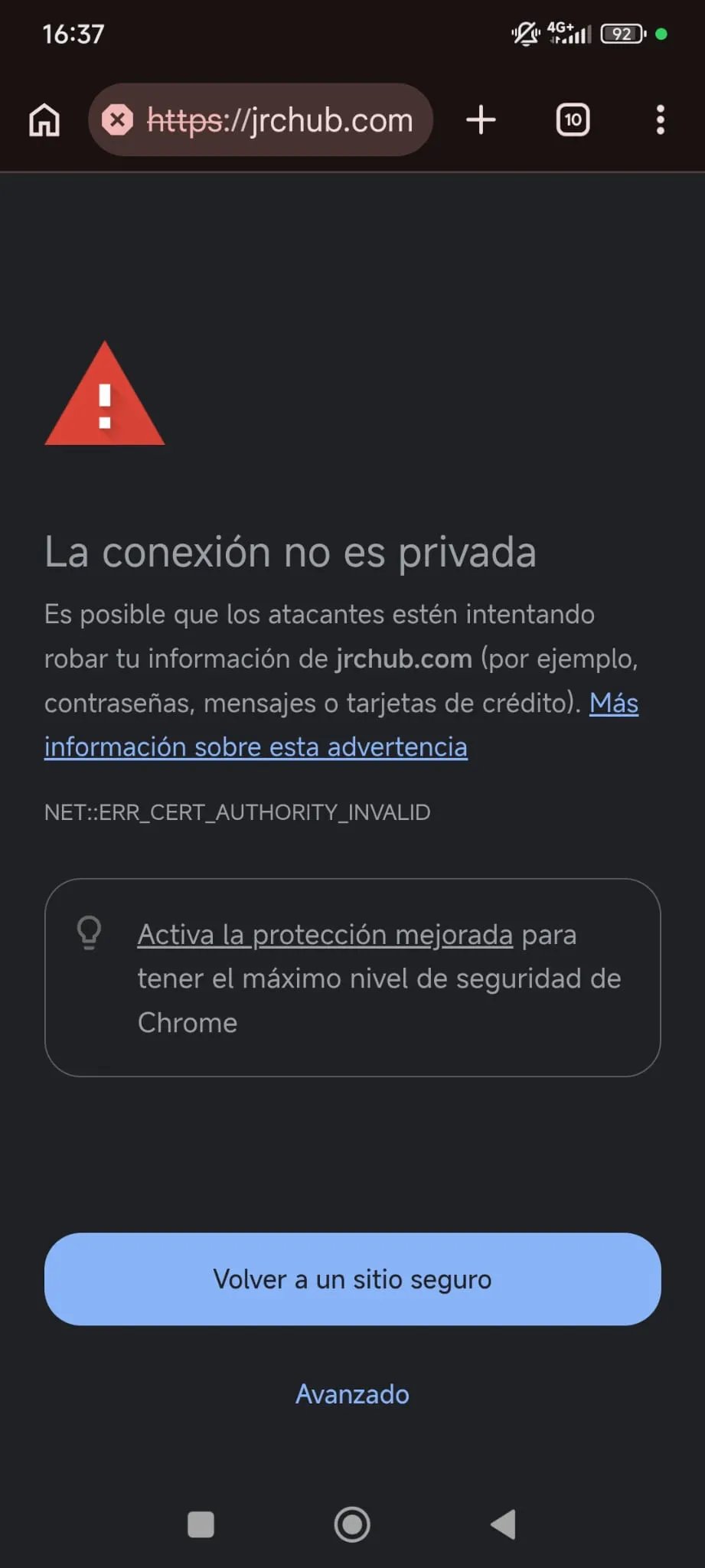 Aviso de error de certificado en el navegador del móvil