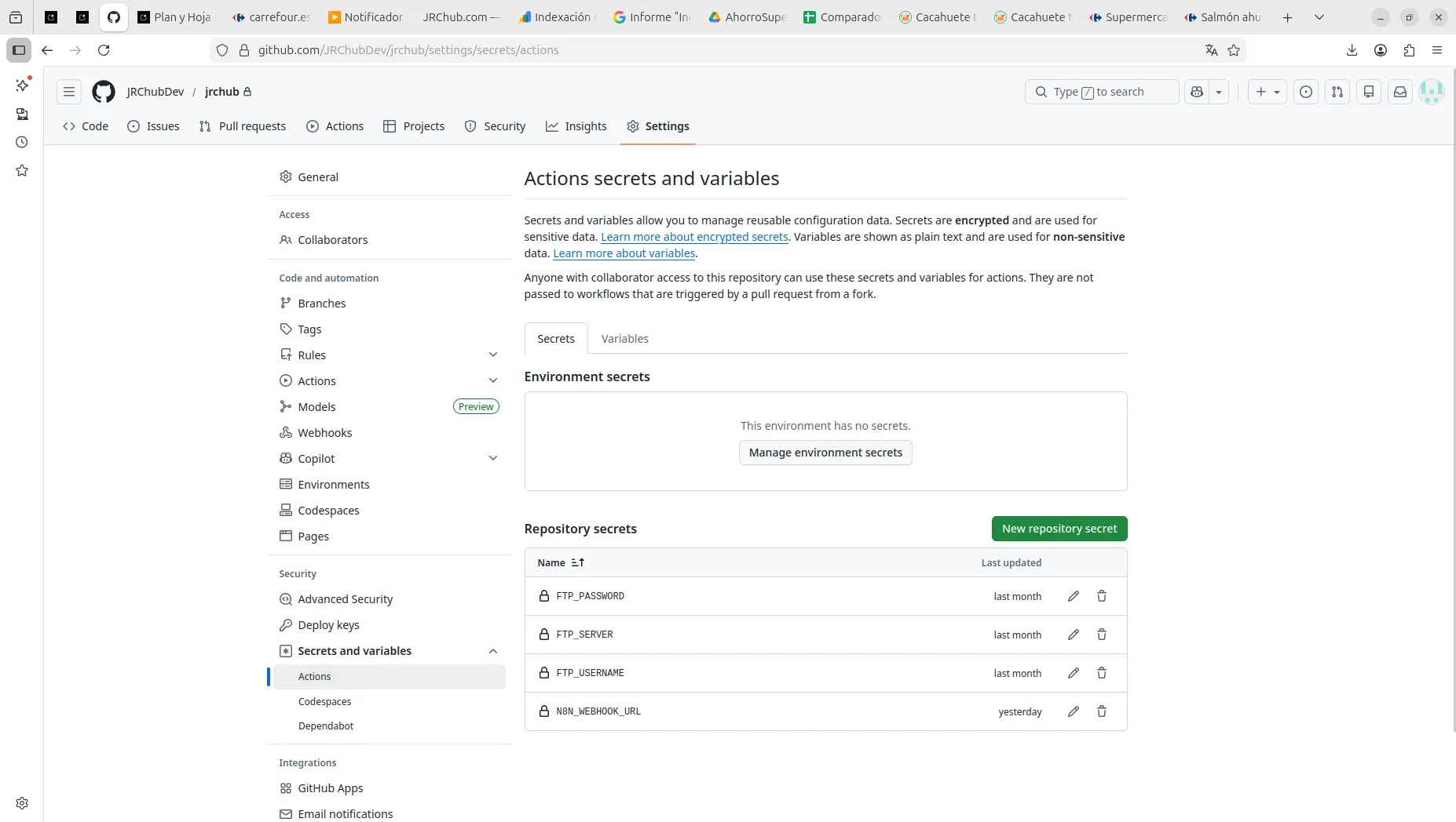 Configuración de los Secrets de seguridad en el repositorio de GitHub