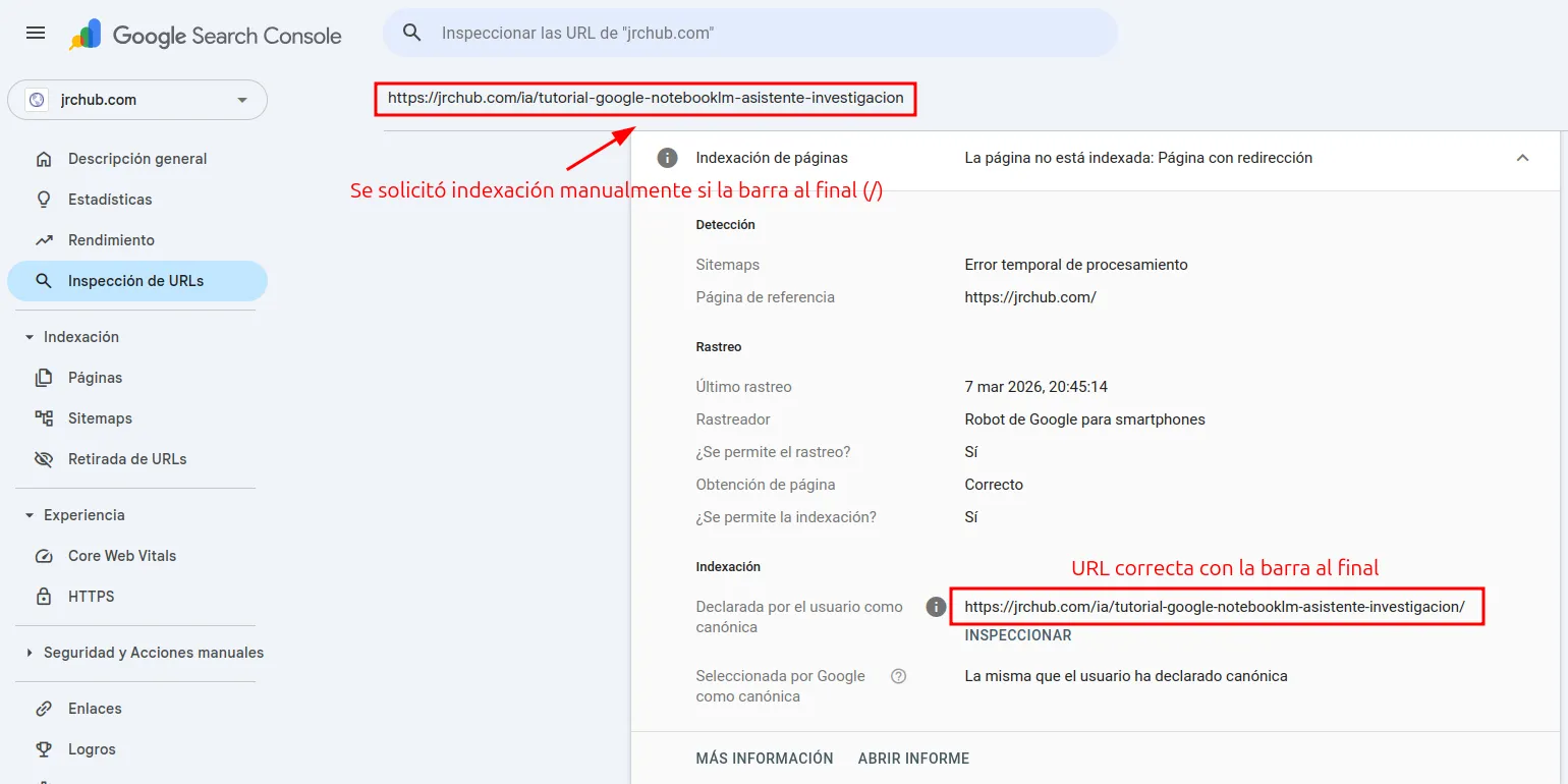 Informe de Google Search Console mostrando un error de 'Página duplicada sin URL canónica seleccionada' debido al trailing slash
