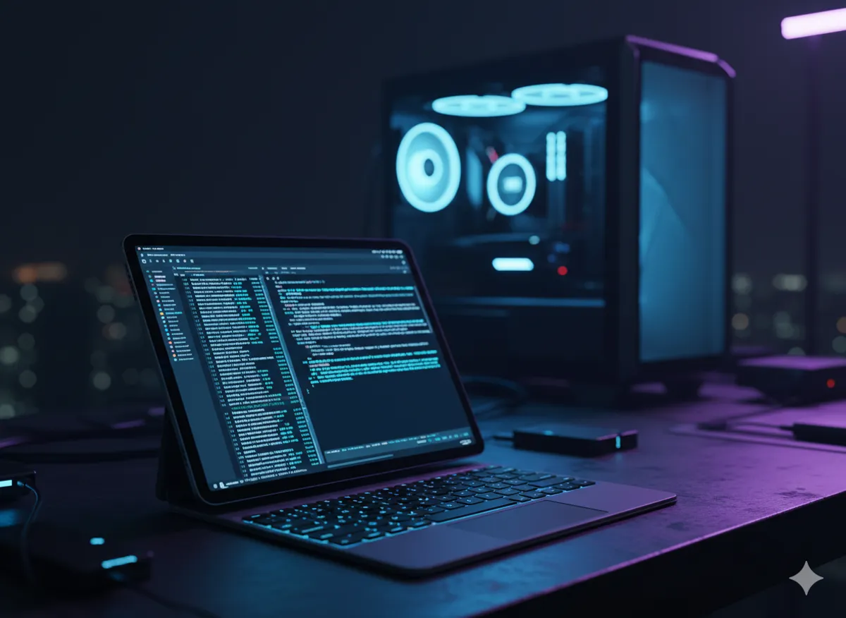 iPad Pro mostrando una terminal de Linux con reflejos neón azul y violeta