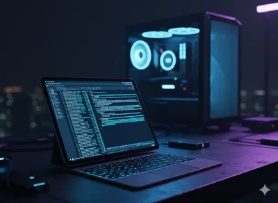 iPad Pro mostrando una terminal de Linux con reflejos neón azul y violeta