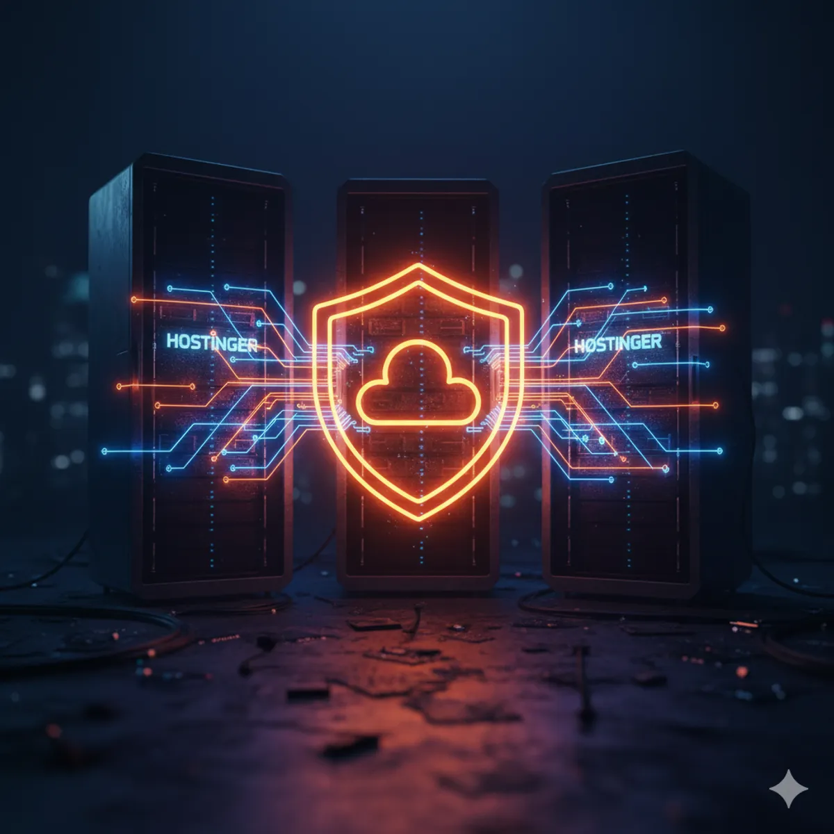 Escudo digital de Cloudflare protegiendo un servidor en un entorno neón