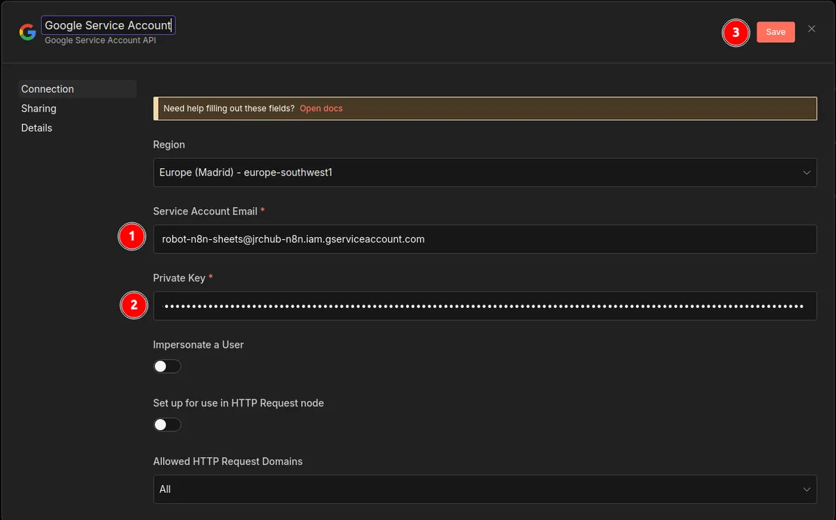 Pegar el email y la clave privada de la Service Account en el formulario de n8n.