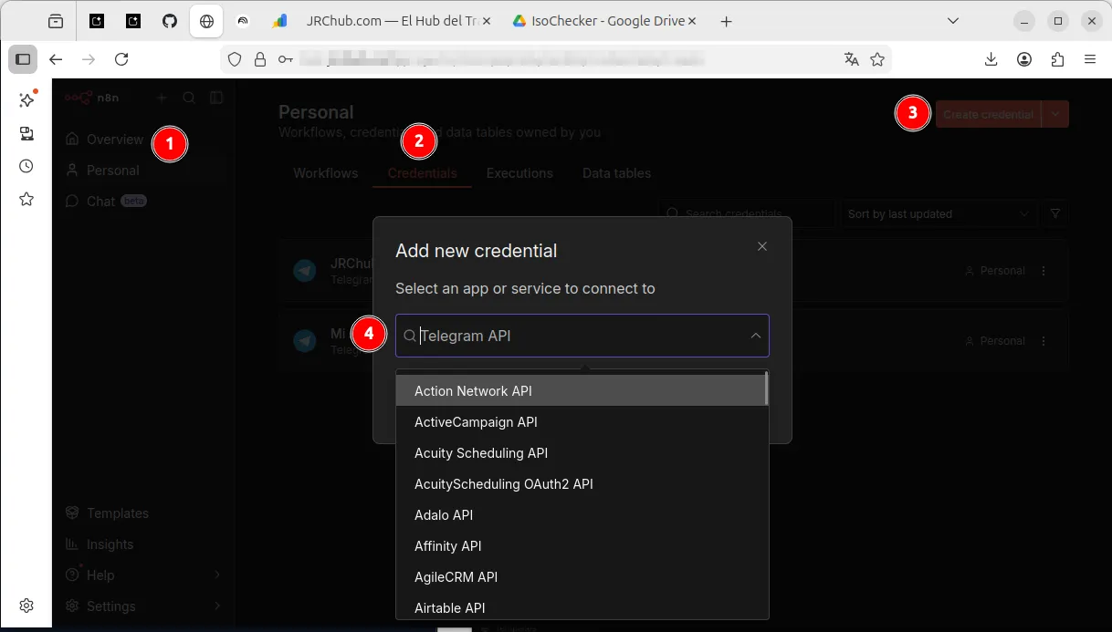 Panel de selección de credenciales en n8n para la API de Telegram
