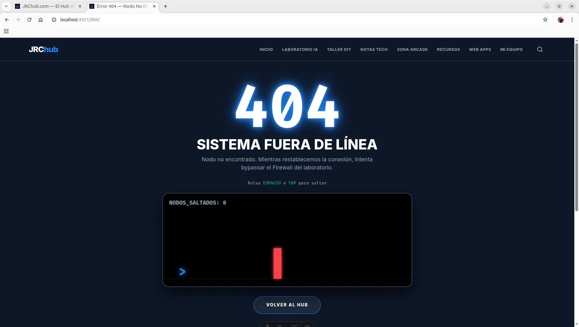 Página de error 404 personalizada de JRChub con un minijuego interactivo de un cursor persiguiendo un objetivo