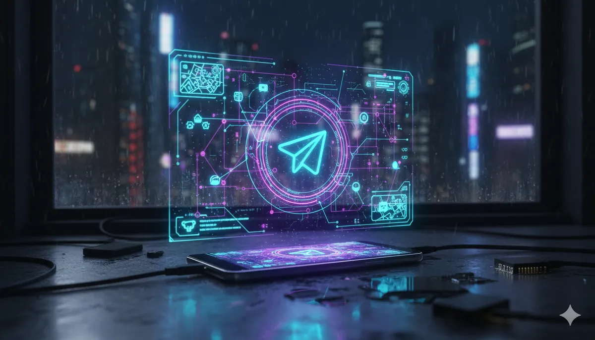 Smartphone proyectando un flujo de automatización holográfico conectando Telegram y n8n