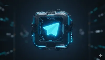 Avión de papel de Telegram brillando dentro de una carcasa robótica industrial con luces de neón