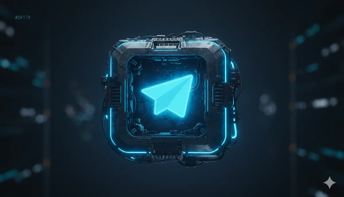 Avión de papel de Telegram brillando dentro de una carcasa robótica industrial con luces de neón