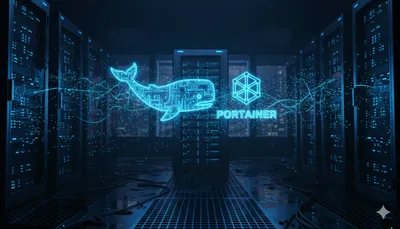 Conceptos básicos de Docker y Portainer en un entorno de servidor cyberpunk