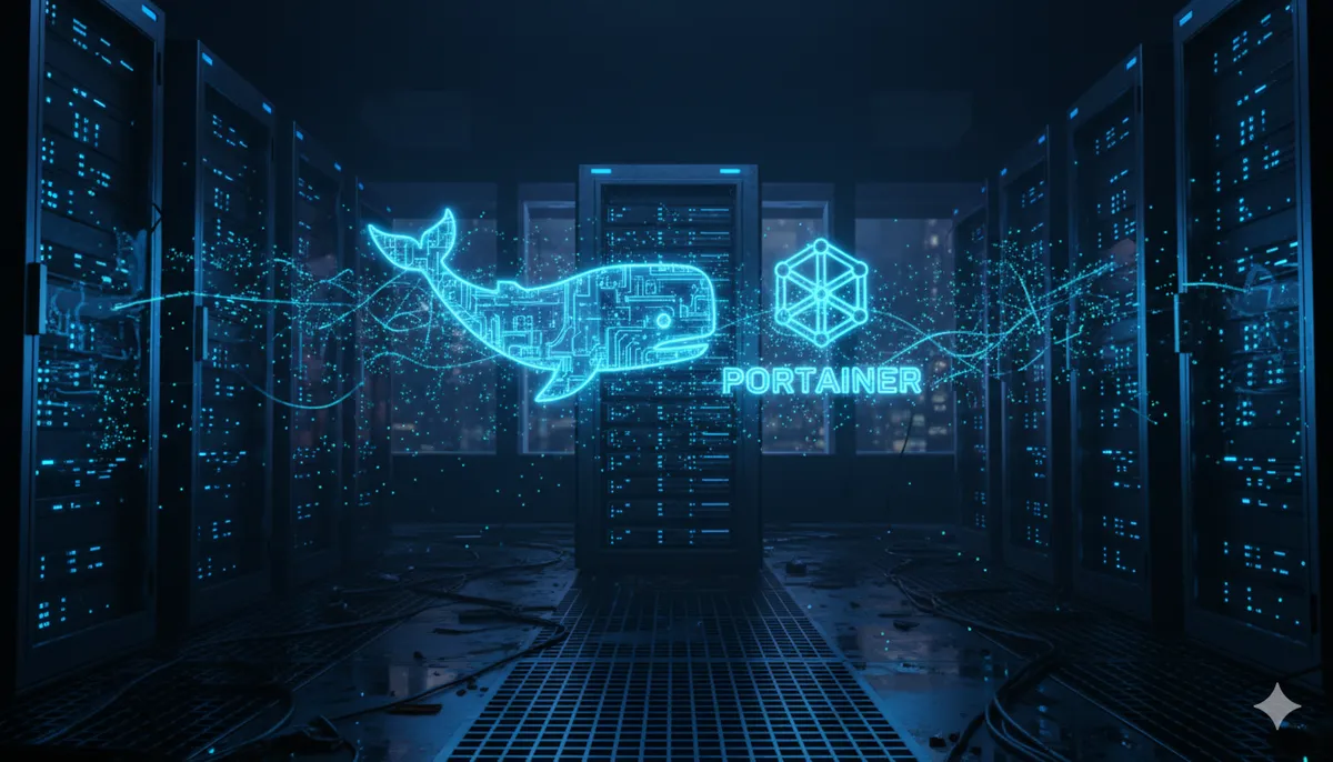 Conceptos básicos de Docker y Portainer en un entorno de servidor cyberpunk