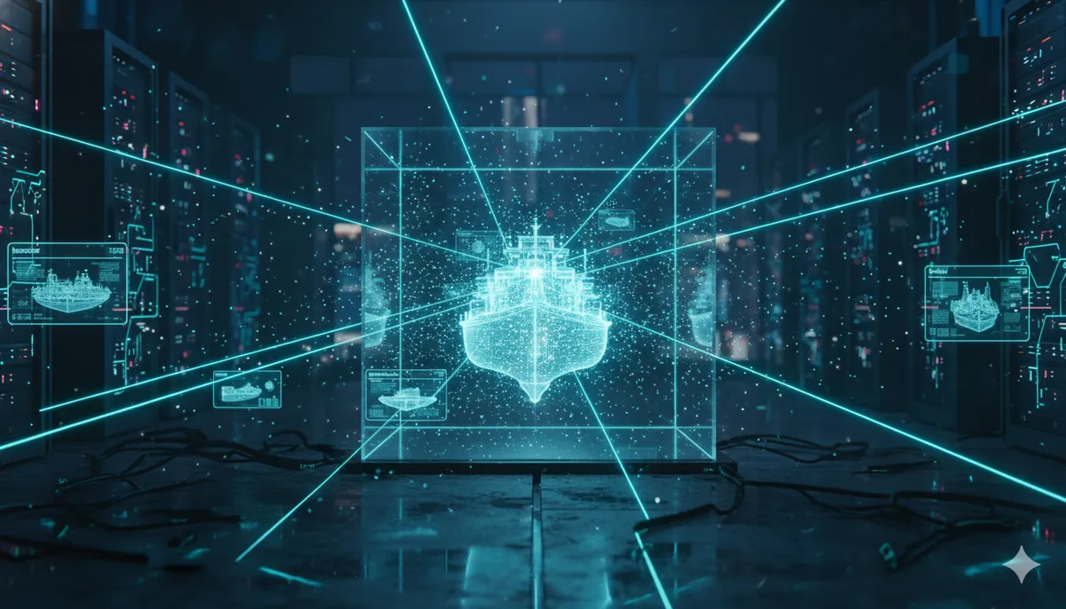 Planos holográficos de una imagen Docker siendo optimizados por láseres en un entorno cyberpunk