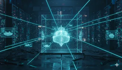 Planos holográficos de una imagen Docker siendo optimizados por láseres en un entorno cyberpunk