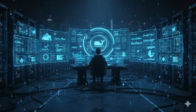 Panel de control holográfico monitorizando contenedores Docker en un entorno industrial cyberpunk