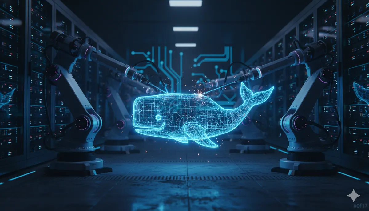 El logo de la ballena de Docker siendo ensamblado por brazos robóticos en una sala de servidores