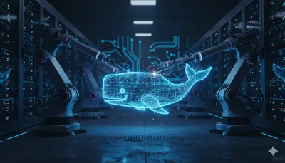 El logo de la ballena de Docker siendo ensamblado por brazos robóticos en una sala de servidores