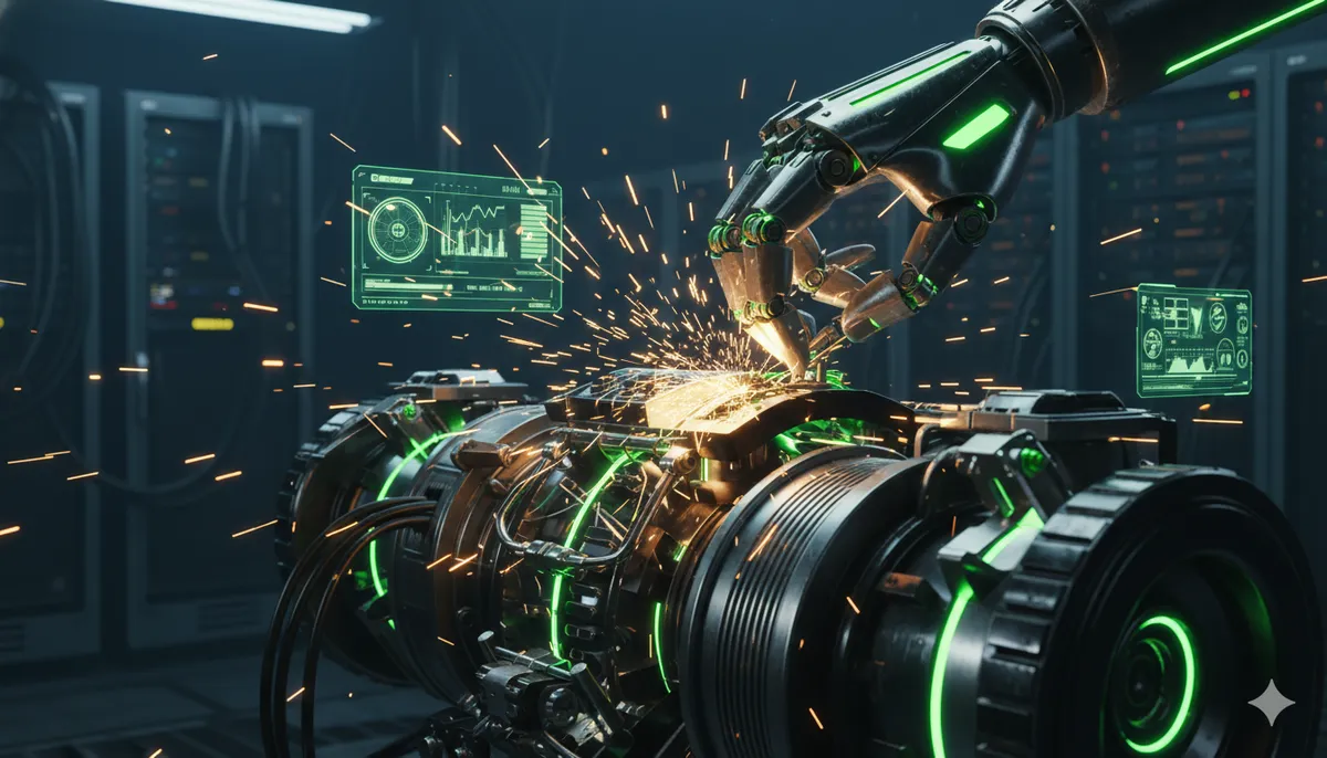 Mano robótica realizando mantenimiento en un motor digital en un entorno cyberpunk