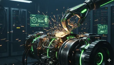 Mano robótica realizando mantenimiento en un motor digital en un entorno cyberpunk