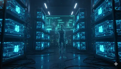 Biblioteca digital futurista donde cada nodo representa un módulo del curso Docker