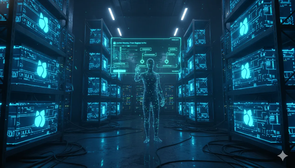 Biblioteca digital futurista donde cada nodo representa un módulo del curso Docker