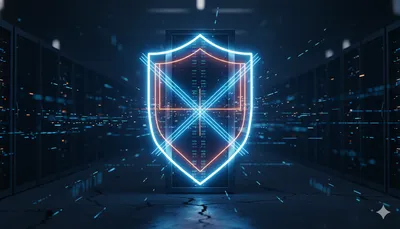 Escudo digital protegiendo un rack de servidores en un entorno cyberpunk