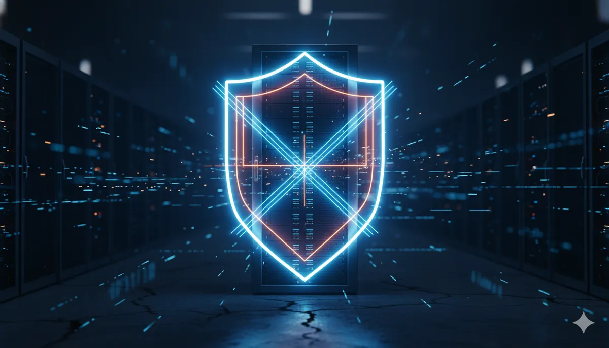 Escudo digital protegiendo un rack de servidores en un entorno cyberpunk