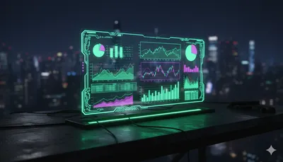 Panel de control holográfico proyectando gráficos financieros con luces de neón verde y violeta